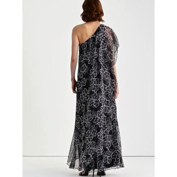 Ralph Lauren LRL Floral Georgette Maxi Dress Navy Cream One Shoulder Women's 4 - Picture 2 of 10